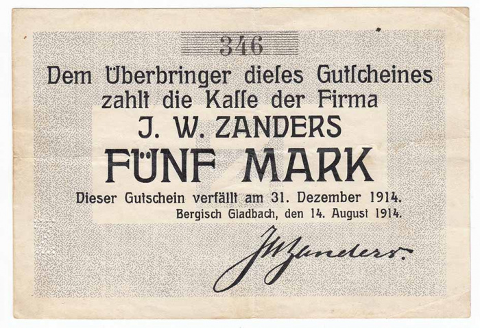 (1914) Сертификат Германия 1914 год 5 марок &quot;Фирма Зандерс, город Бергиш-Гладбах&quot;   VF